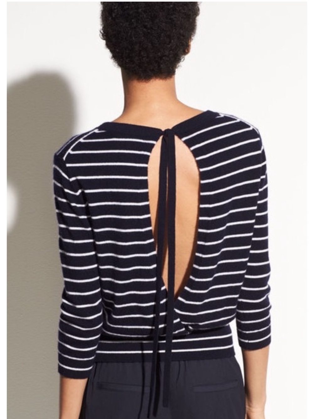 Vince Striped Open Back Tie Cashmere Blend Sweater Navy White Size Small